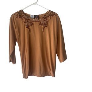 Pearls Women's Size Small Embroidered Beaded Tan 3/4 Slv Top